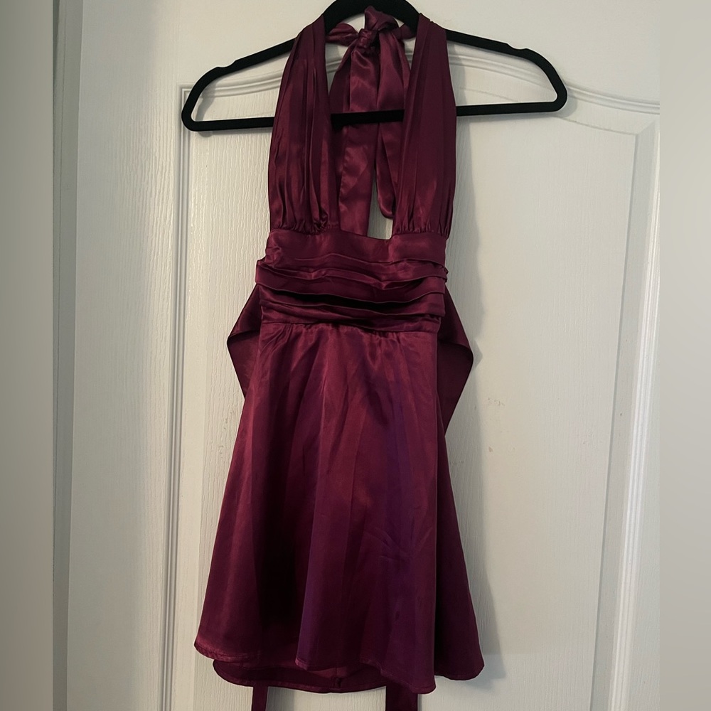 Maroon Silk Halter Neck Deep Cut Dress